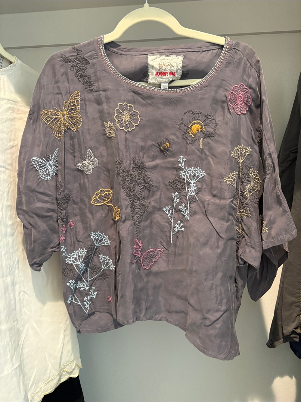 Johnny Was Purple Embroidered Butterfly & Floral Tunic
